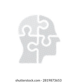 Human head puzzle silhouette concept in halftone dotted style for mental health, psychology, and problem-solving. Four interlocking pieces forming a profile on white background.