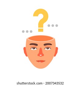 Human head with a question mark. The concept of uncertainty, doubt. Perplexed person, difficulty of choice. Vector illustration isolated in flat style