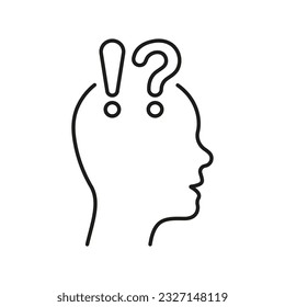 Human Head with Question Mark and Exclamation Point Line Icon. Person Face in Profile View Doubt and Curious Linear Pictogram. Confused Outline Symbol. Editable Stroke. Isolated Vector Illustration.