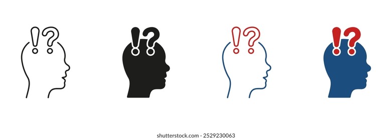 Human Head with Question Mark and Exclamation Point Line and Silhouette Icon Set. Person Face in Profile View Doubt and Curious Pictogram. Editable Stroke. Isolated Vector Illustration.