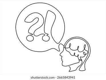 Cabeza humana con signo de interrogación, signo de exclamación. Hombre Confundido. icono de línea-dibujo de línea continua. Trazo editable. 
