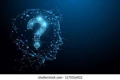 Human head with question mark form lines, triangles and particle style design. Illustration vector