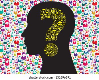 Human head with question mark symbol made from symbols technology