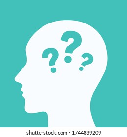 Human head with question marks symbol isolated on background. Doubt concept. Vector stock