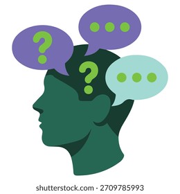 Cabeza humana con preguntas y ansiedades Ilustración vectorial