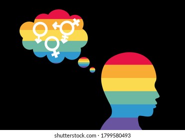 Human head Rainbow colored flag LGBT. Gender symbolism. Gay Pride. LGBT symbols communicate ideas and identity. Vector colorful illustration.