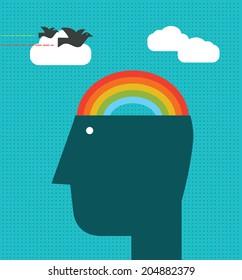 Human head with rainbow on top of it. Communication and new technologies