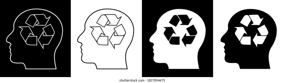 human head with recyclable sign inside. Arrow sign for recycling waste, used raw materials. Caring for environment. Green modern technologies. Isolated vector on white background