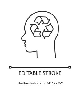 Human head with recycling sign inside linear icon. Pollution prevention ideas. Thin line illustration. Waste recycling thoughts. Contour symbol. Vector isolated outline drawing. Editable stroke