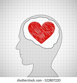 Human head with a red heart inside. Stock vector illustration.