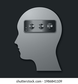 Human head with regulators. The concept of managing and customizing the human mind.