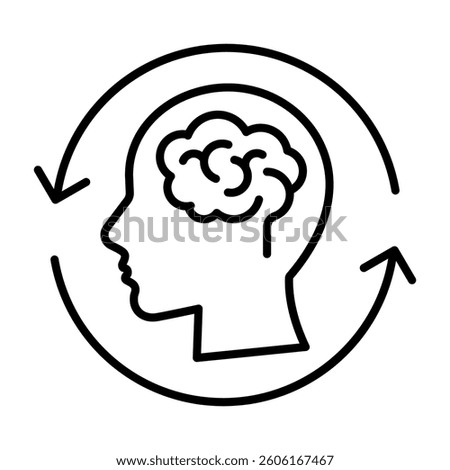 Human head with reload arrows. Reboot thinking outline icon. Mind refresh isolated vector illustration. Mental treatment, wellness