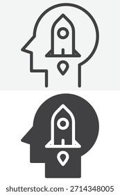 Cabeza humana con el conjunto de iconos de estilo diferente del cohete. Línea, contorno y signo de Vector sólido, símbolo. Icono de Vector de trazo editable para el ícono de inicio.