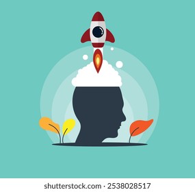 Human Head with Rocket Flying to Space Startup Idea Brainstorming. Business and achieving goals concept vector art