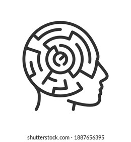 Human head with a round labyrinth. Creative, strategic thinking concept, linear icon. Line with editable stroke