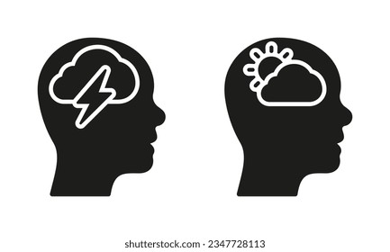 Human Head with Sad and Good Mood Pictogram Set. Pessimism and Optimism Solid Sign. Positive and Negative Thinking Silhouette Icon. Healthy Mind Symbol. Mental Health. Isolated Vector Illustration.