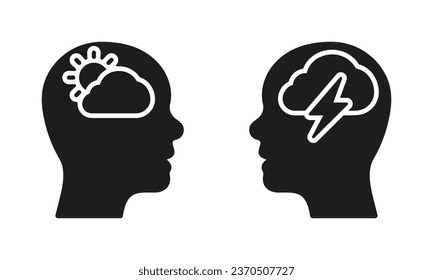 Cabeza humana con pictograma triste y bueno. Signo sólido de pesimismo y optimismo. Conjunto de iconos de silueta de pensamiento positivo y negativo. Símbolo de mente saludable. Salud Mental. Ilustración de vectores aislados.