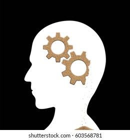 Human head with sand gears inside. Alzheimer's disease. Stock vector illustration.