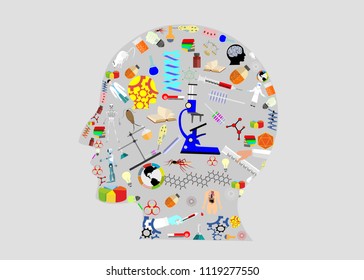 Human head and science icons. Concept vector illustration  of  Modern technological, innovation and scientific solutions. 