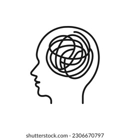 Human head with scribble line. Mental illness, psychotherapy. Depression line icon isolated on white background. Vector illustration