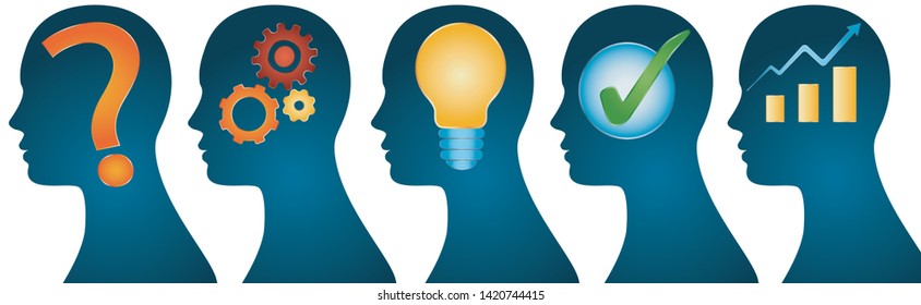 Human head series isolated profile - problem analysis inspiration idea approval - solution and success. Problem solution concept. Strategy concept
