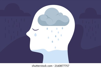 Human Head Shape With Dark Cloud And Rain Inside While Crying. Concept Of Emotion, Depression, Mental Health, Mental Illness, Sadness, Grief. Cry Me A River. Flat Vector Illustration.