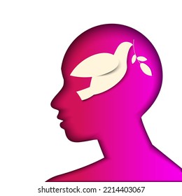 Human head shape on white background with pigeon inside. Symbol of peac. No war concept. Papercut illustration. 