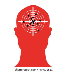 Human head shape in silhouette with a shooting target in the brain area which is full of bullet holes
