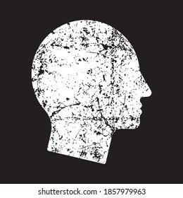 Human head shape vector icon. Grunge texture. Person side profile silhouette sign. Man face symbol. Avatar portrait logo. Clip-art illustration. Isolated on black background.