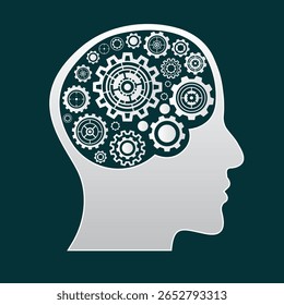 Forma de cabeza humana con engranajes blancos. Concepto de proceso de pensamiento sistemático, innovación inteligente para el Diseño gráfico, idea creativa. Ilustración vectorial