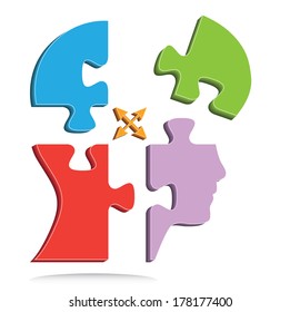 Human head shaped colorful puzzle pieces with arrow.