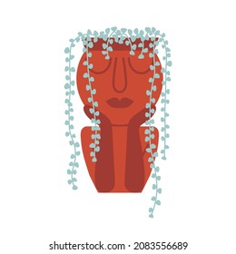 Human head shaped flower pot with plant. Ladies face planter with string of pearls succulent in flat design.