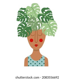 Humane, kopfförmige Blumentopf mit Pflanzen. Meine Damen sehen Planer mit Monstera in flachem Design.