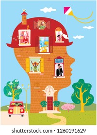 human head shaped house with many windows and different people living in it. Stay at home or lockdown vector illustration.