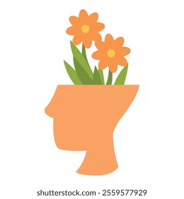 Human head shaped pot growing flowers representing positive thoughts and good mental health