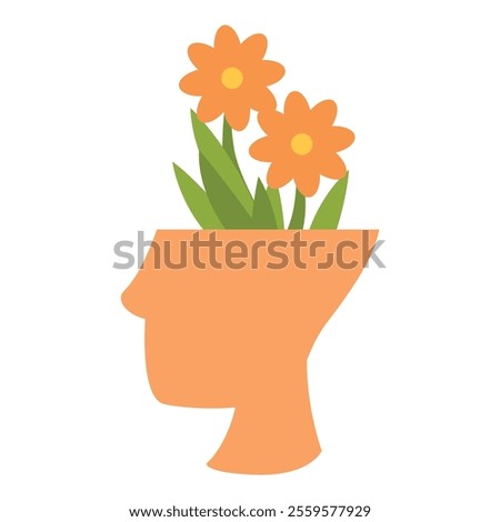Human head shaped pot growing flowers representing positive thoughts and good mental health