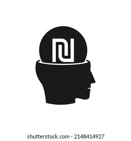 Human head with shekel money sign. Financial plan icon concept isolated on white background. Vector illustration