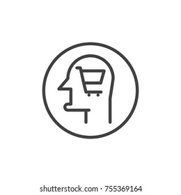 Human head with shopping cart line icon, outline vector sign, linear style pictogram isolated on white. Symbol, logo illustration. Editable stroke