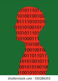 Human head and shoulders in profile filled with binary numbers in red and black on a green background