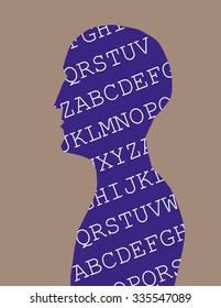 Human head and shoulders in profile filled with Alphabet letters in white text on purple