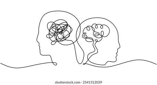 Human head showcasing a complex brain alongside a normal brain in a continuous one line drawing. Concept related to psychology. Hand-drawn minimalist illustration.