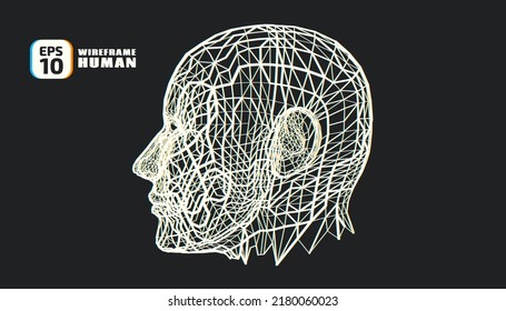 Human head in side is made in style of a frame. Wireframe design. Light Lines and strokes on dark background image. Internet, artificial intelligence, Technology Computer Graphics. Vector illustration