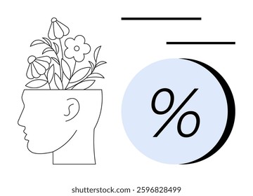 Human head side profile with blooming flowers inside, large percentage sign beside and two horizontal lines above. Ideal for mental health, growth, creativity, education, progress, nature