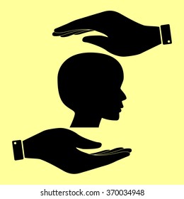 Human head sign. Save or protect symbol by hands.