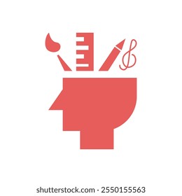Human head silhouette with art tools. illustration in flat style. Design elements of illustration Creativity and art. Illustration of brain contents containing art