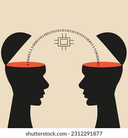 Human Head Silhouette with binary code and microchip between them isolated on light background. Knowledge sharing. Mental Connection of programmers. Vector Art. Square poster. Retro style. 60's 