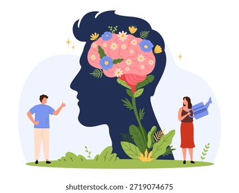 Silueta de la cabeza humana con flores cerebrales en flor, personas diminutas que nutren el bienestar mental, que simbolizan la salud cerebral positiva, Asistencia emocional, cuidado personal, Ilustración vectorial aislada plana