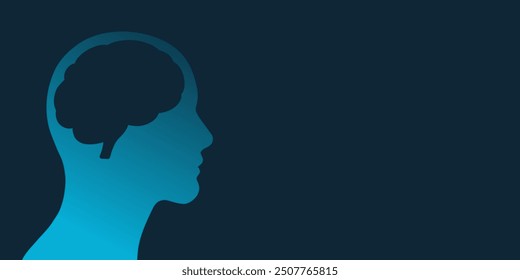 Human head silhouette with a brain, dark blue vector banner design