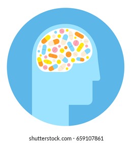 Human head silhouette with brain filled with pills. Mental health medication treatment, stimulants and antidepressants.