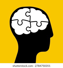 Human head silhouette with brain made of four white puzzle pieces, symbolizing problem-solving and mental integration.